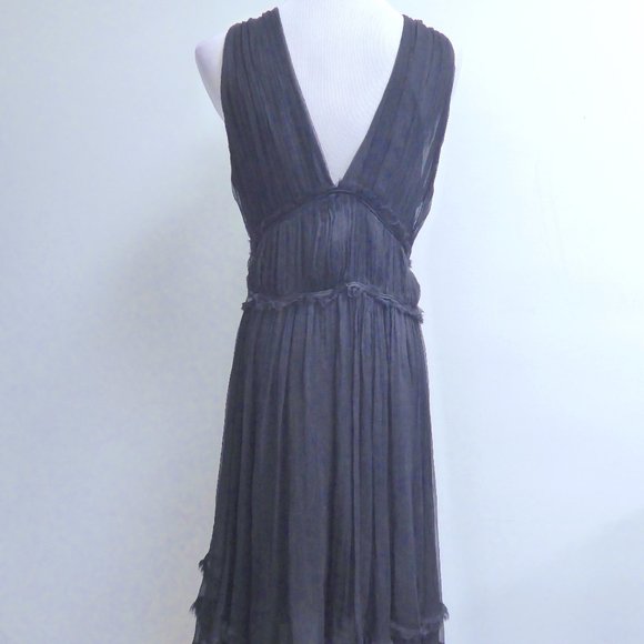 Zara black silk sheer 100% silk goddess v neck v back ribbon ties midi dress L - Picture 3 of 5